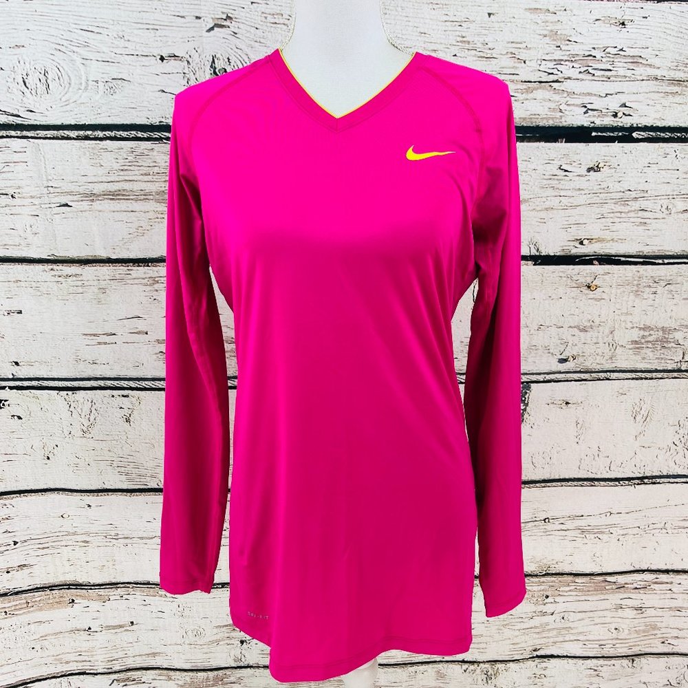 Nike Pro Combat Women's Top Pink Long Sleeve Dri-Fit Fitted V-Neck Size Large